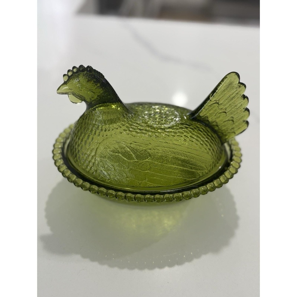 Vintage Indiana Glass Olive Green Hen on Nest No Chips - Picture 5 of 9